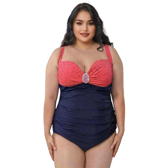 Plus 1Pc Ruched Front Swimsuit Women Size 14 Navy Blue Swimwear with Front Jewel - Picture 5 of 9
